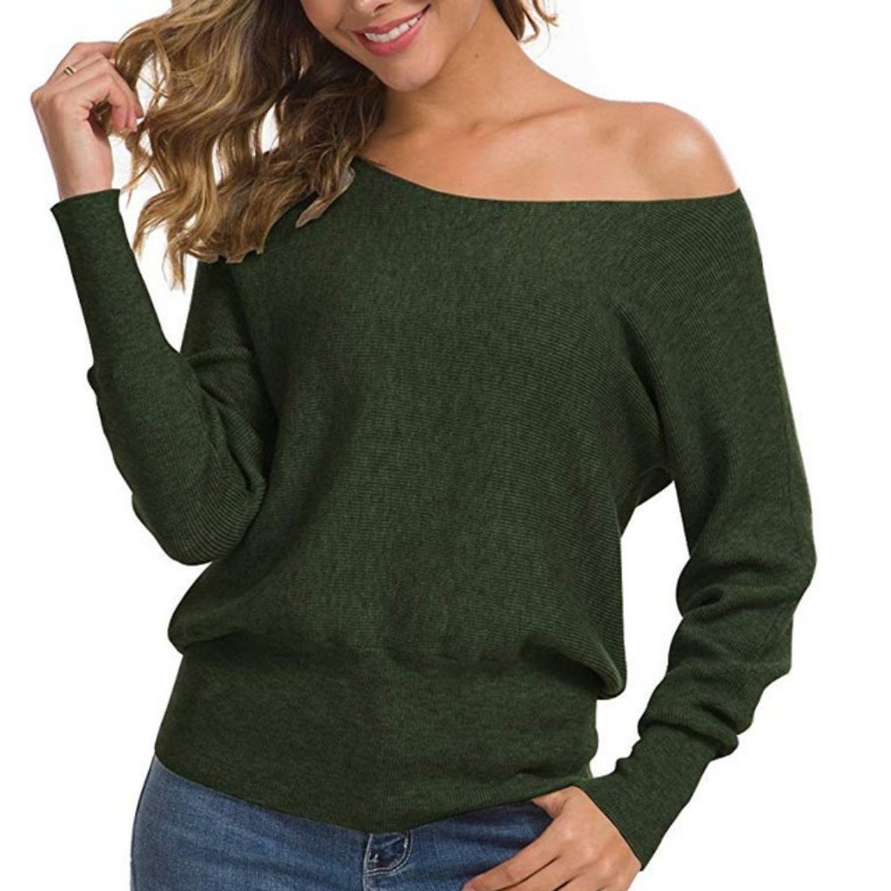 Off Shoulder Sweater Long Sleeve Knit Army Green